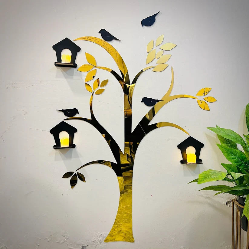 Acrylic Birds on Tree Wall Decor with Wooden Shelves – Large Size | Black & Golden