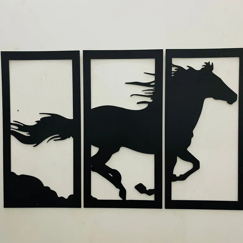 "Wooden Wall Decor Horse Scenery - Premium Black & Golden | 36x24 Inches |