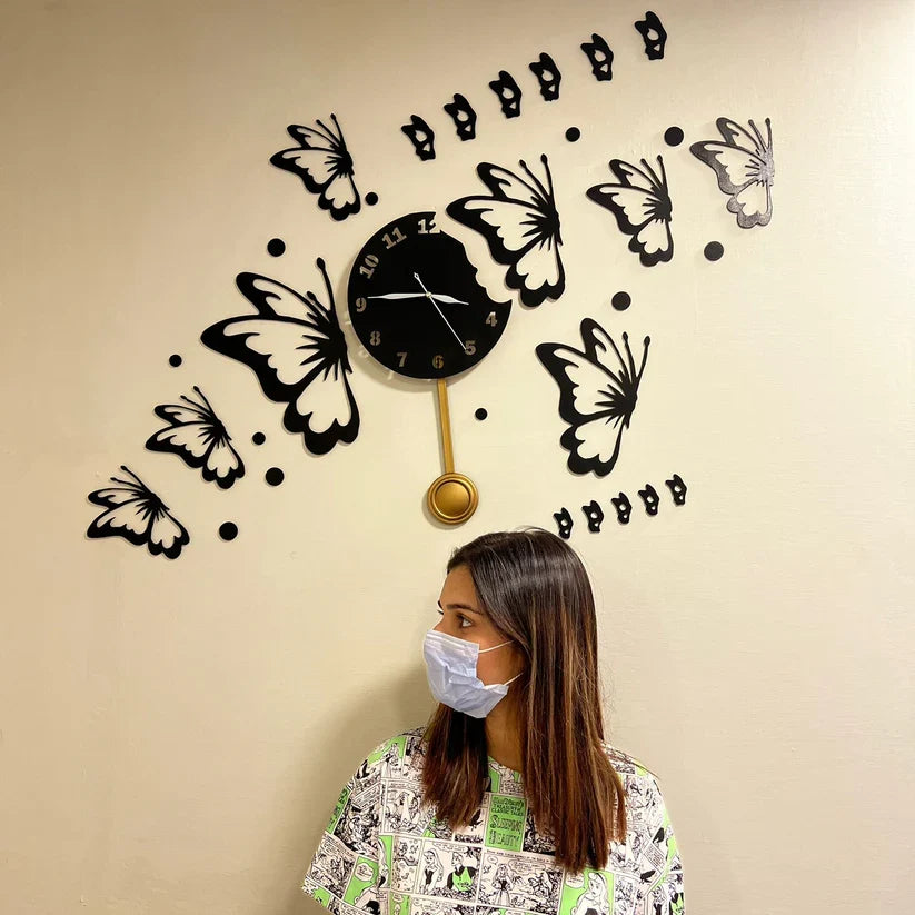 Butterflies with Stars Wall Clock - 30x40 Inches | Black & Golden | Premium Quality