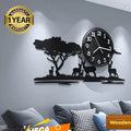 Big Wooden Grazing Deers in Meadows Wall Clock - 40x18 Inches | Black & Golden | Premium Quality
