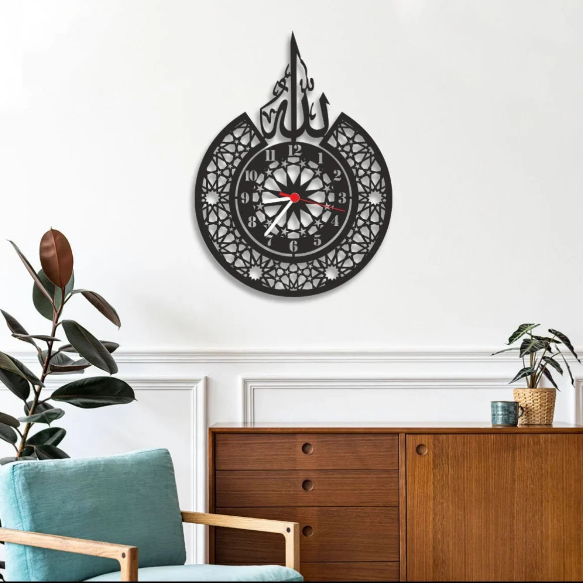 Allah (SWT) Name & Classic Islamic Wall Clock - Premium Quality, Black & Golden (14.9x16 & 19x7 Inches)