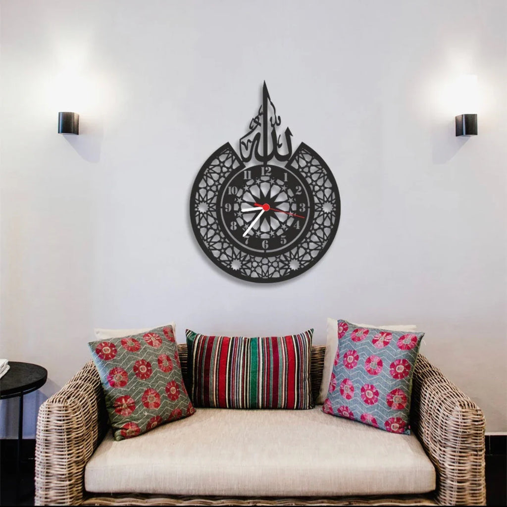 Allah (SWT) Name & Classic Islamic Wall Clock - Premium Quality, Black & Golden (14.9x16 & 19x7 Inches)