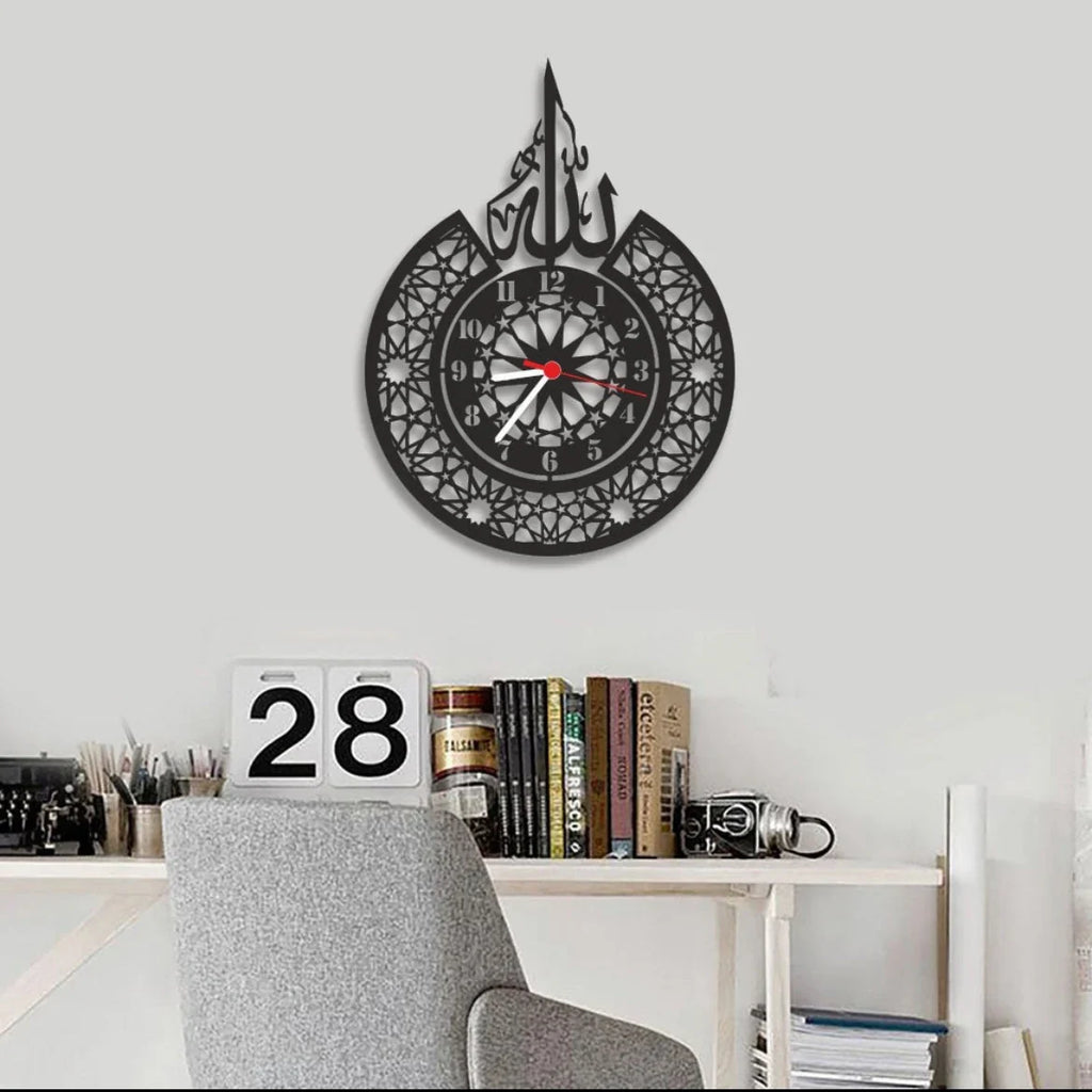 Allah (SWT) Name & Classic Islamic Wall Clock - Premium Quality, Black & Golden (14.9x16 & 19x7 Inches)